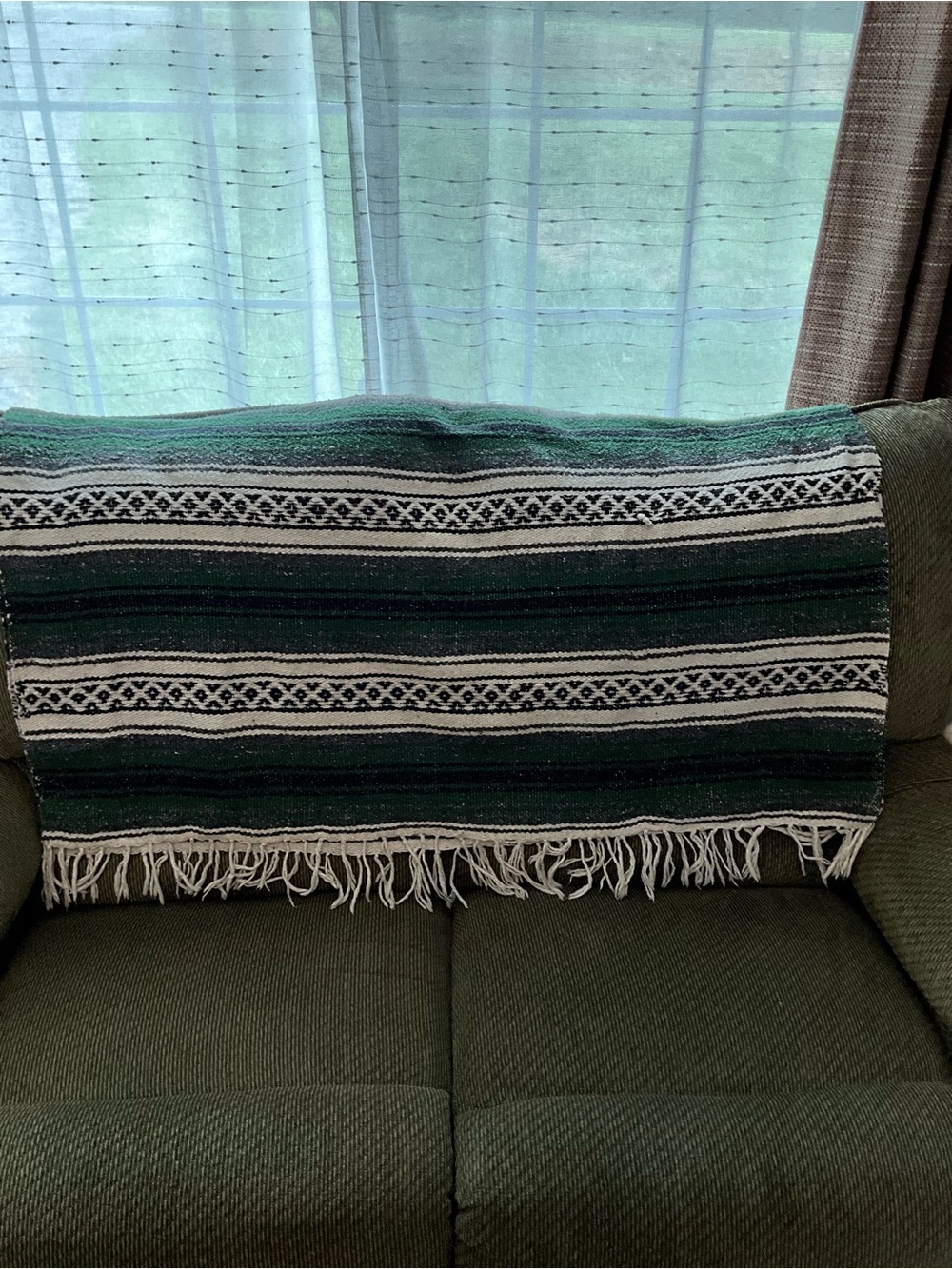 Mexican Serape Throw Blanket Woven Striped Green Black White with Fringe